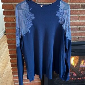 Free People Navy Lace Long Sleeve Top